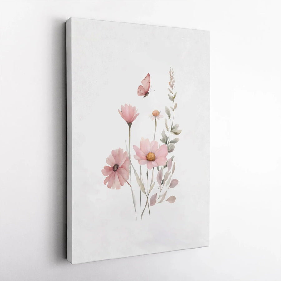 Watercolor Pink Wildflower Wall Art | Butterfly Floral Botanical Print | Premium Gallery-Wrapped Canvas | Elegant Home Decor Gift