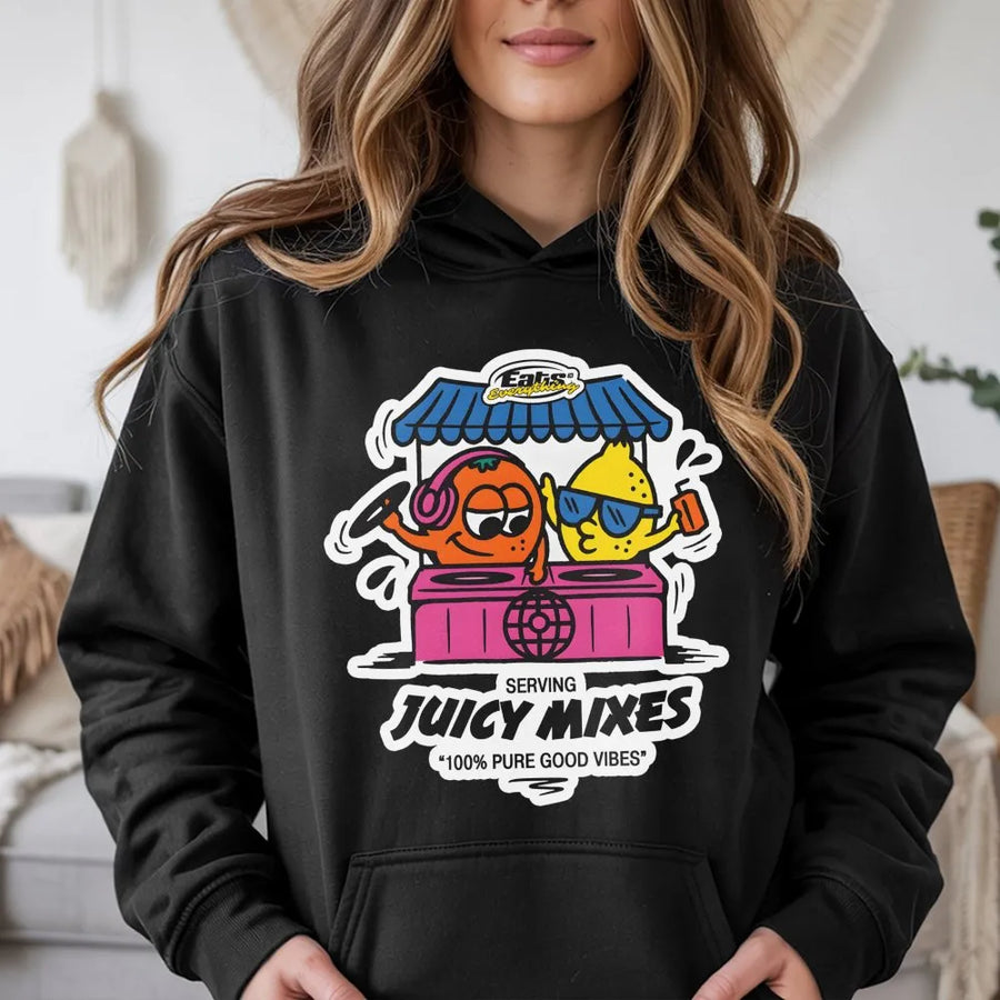 Juicy Mixes DJ Hoodie | Retro Cartoon Fruit Rave Graphic | Premium Cotton Blend | Funny Music Festival Apparel Gift for EDM Lovers