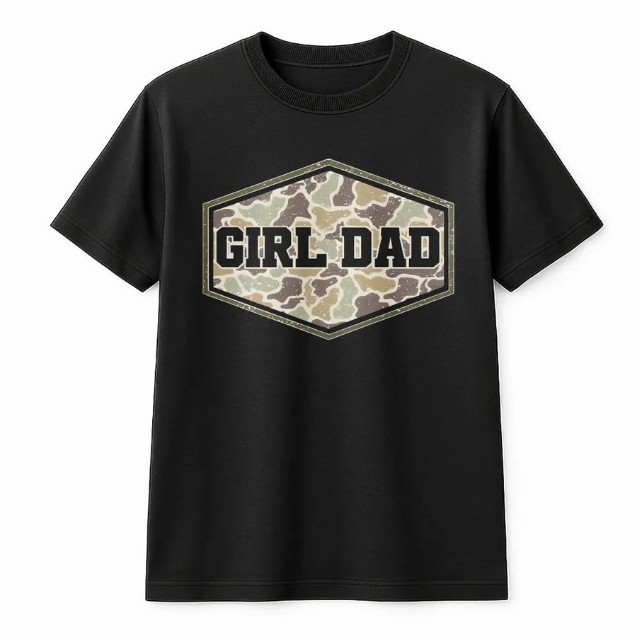 Camo Girl Dad T-Shirt | Distressed Hunting Graphic Crewneck | Premium Cotton Blend | Fathers Day Gift for Outdoorsman & Hunter Dad
