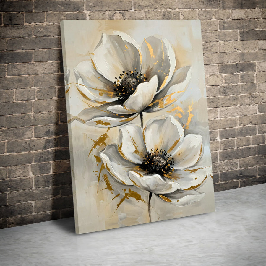 Floral Canvas Wall Art | White Botanical Painting Print with Gold Accents | Premium Gallery Wrap Canvas | Modern Living Room Decor Gift