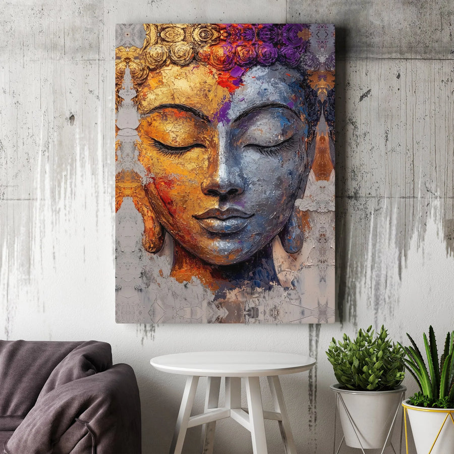 Buddha Face Canvas Wall Art | Textured Gold & Silver Abstract Print | Premium Gallery Wrapped Canvas | Yoga Studio & Meditation Room Decor Gift