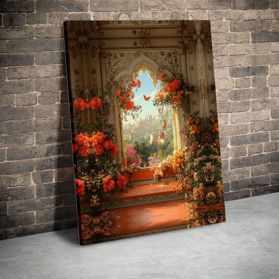 Romantic Floral Window Canvas Art | Fairytale Castle View Print | Premium Gallery Wrapped Canvas | Whimsical Wall Decor Gift for Her