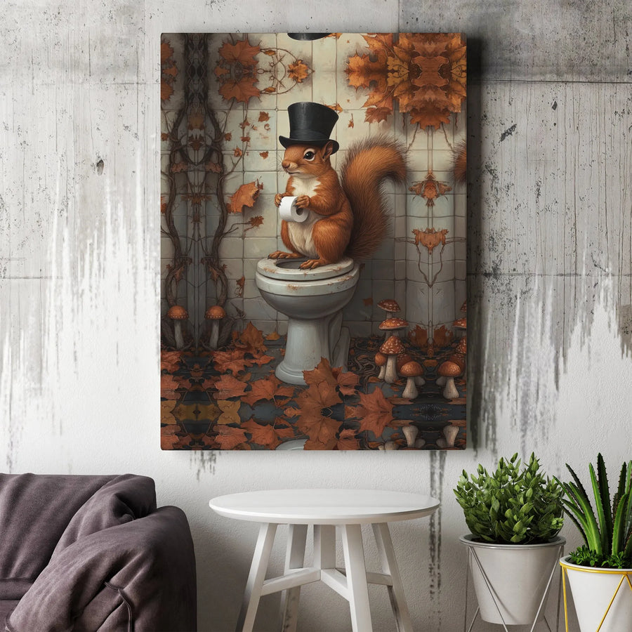 Funny Squirrel Wall Art | Whimsical Animal in Top Hat | Premium Gallery Wrapped Canvas | Funny Bathroom Decor Gift