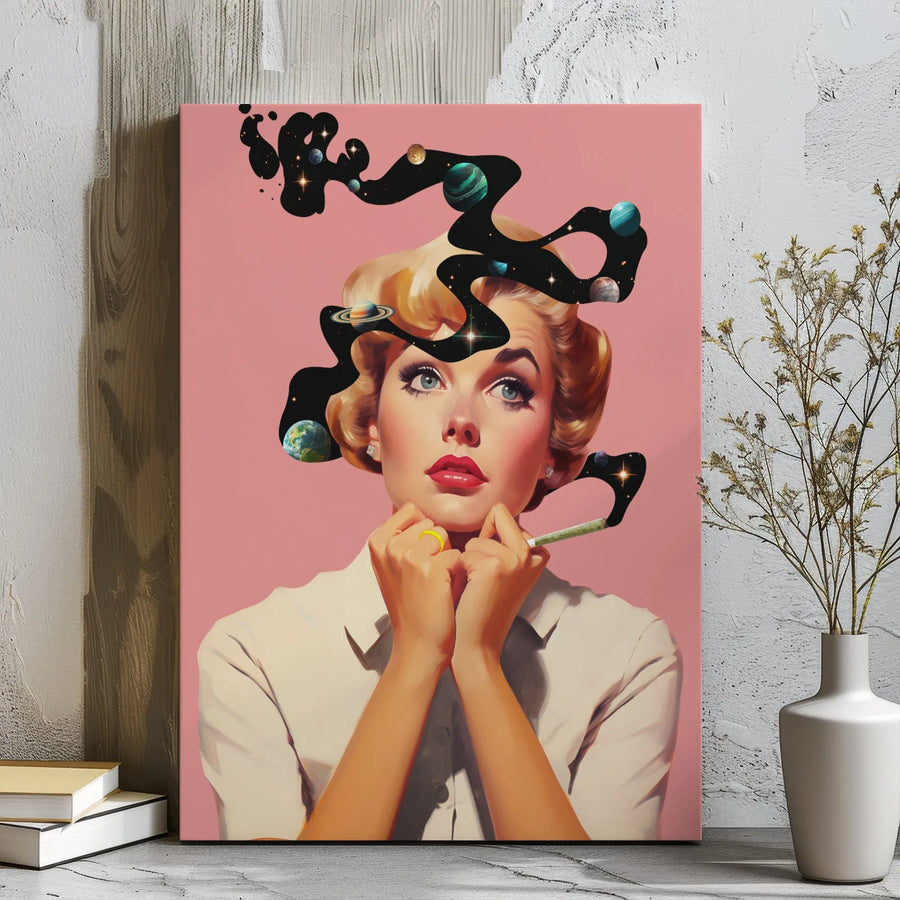 Surreal Retro Pop Art Canvas | Space Galaxy Galaxy Mind Woman Wall Decor | 1.25 Inch Gallery Wrap | Unique Modern Living Room Gift