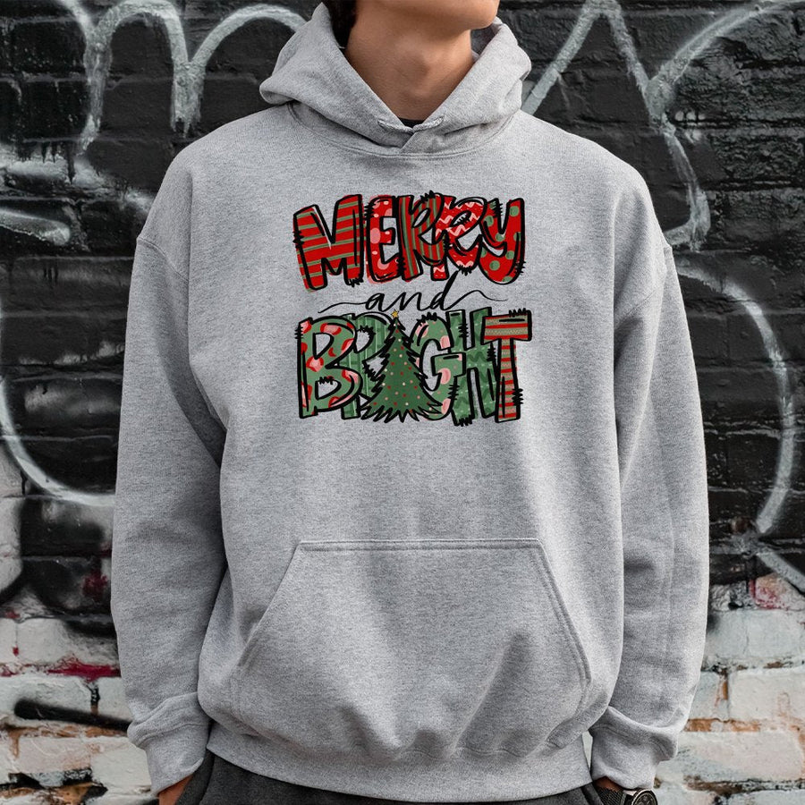 Merry and Bright Christmas Hoodie | Plaid Festive Tree Graphic | Premium Cotton Blend | Cozy Holiday Gift for Women and Men