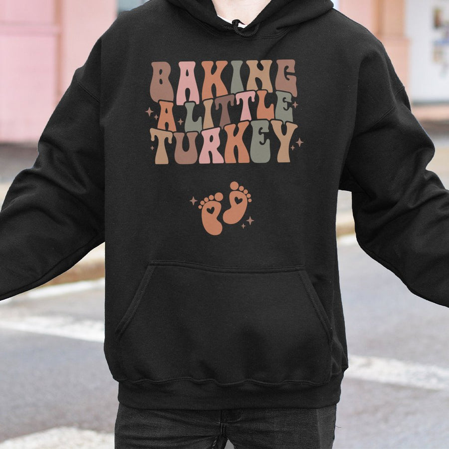 Baking A Little Turkey Hoodie | Retro Thanksgiving Pregnancy Announcement | Premium Cotton-Blend Maternity Top | Fall Baby Reveal Gift
