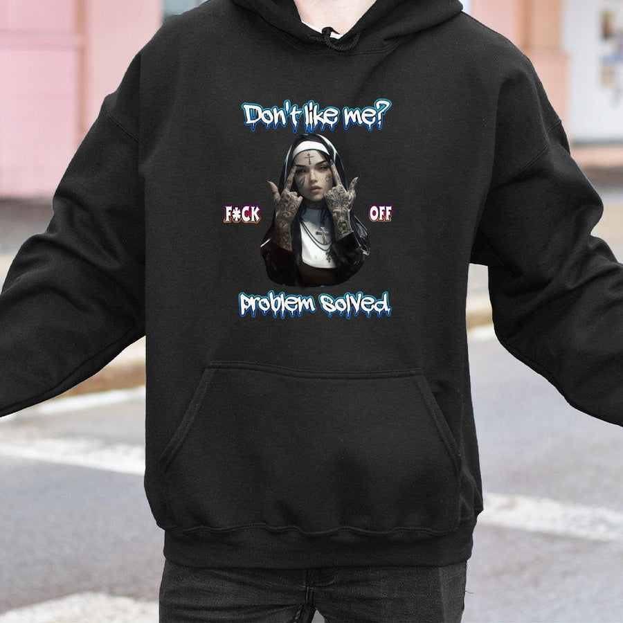 Defiant Nun Hoodie | Edgy Tattooed Bad Girl Graphic | Premium Cotton Blend Streetwear | Sarcastic Slogan Gift for Women and Men