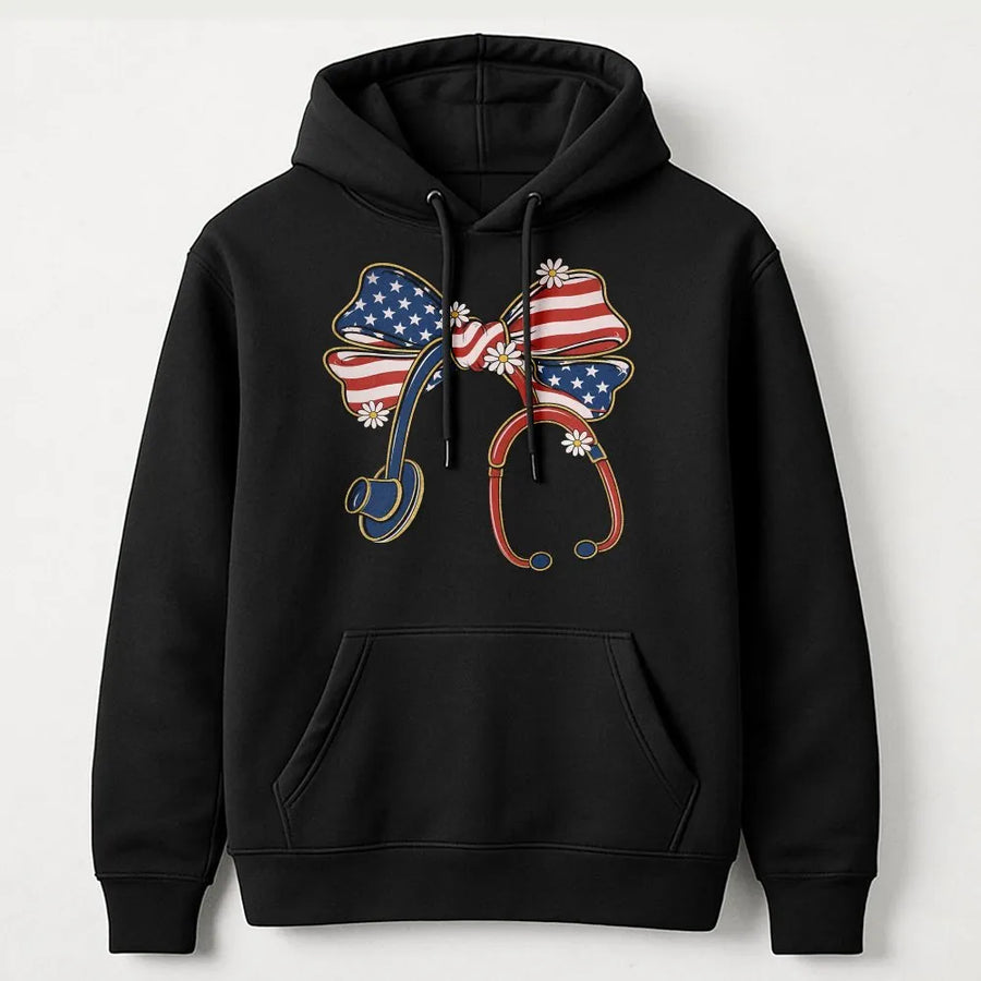 Patriotic Nurse Hoodie | Coquette USA Flag Stethoscope Bow Graphic | Soft Cotton Tee | 4th of July Gift for Medical Professional