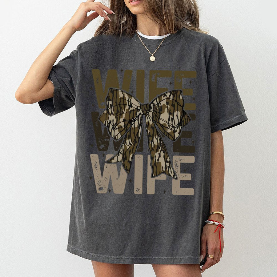 Wife Camo Bow T-Shirt | Rustic Hunting Aesthetic Graphic Tee | 100% Premium Cotton | Cute Gift for Outdoorsy Women and Hunting Wives