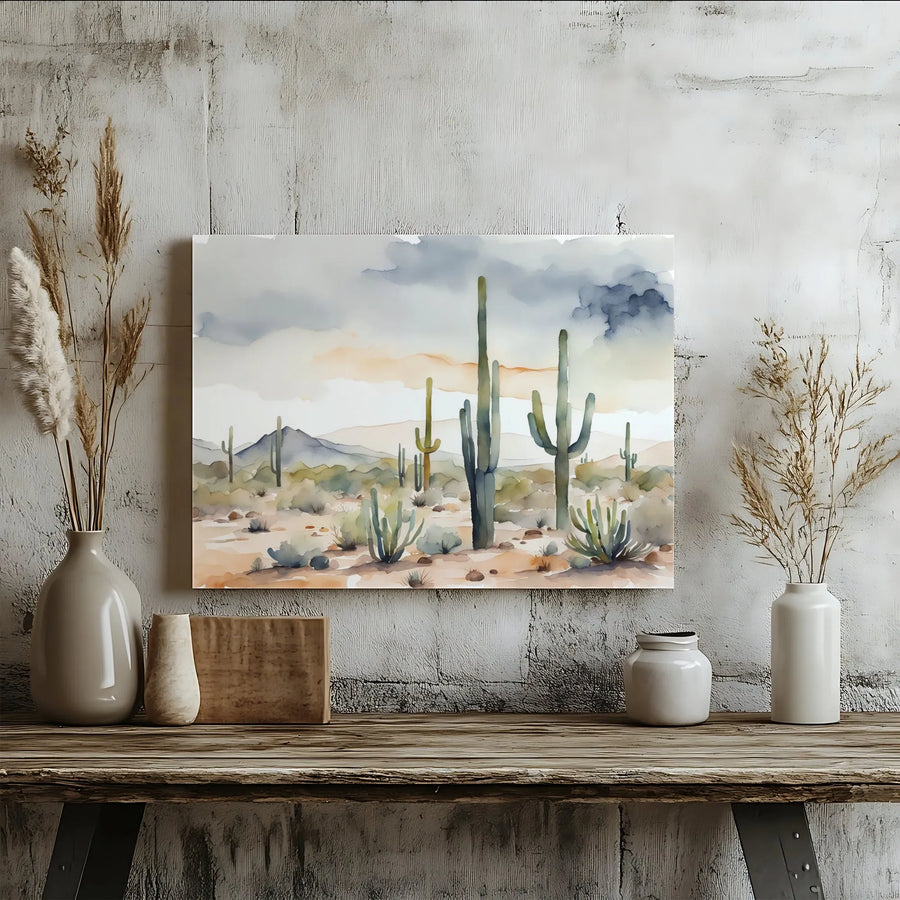 Watercolor Desert Canvas Wall Art | Saguaro Cactus Southwestern Painting | Premium Gallery Quality Print | Boho Living Room Decor Gift