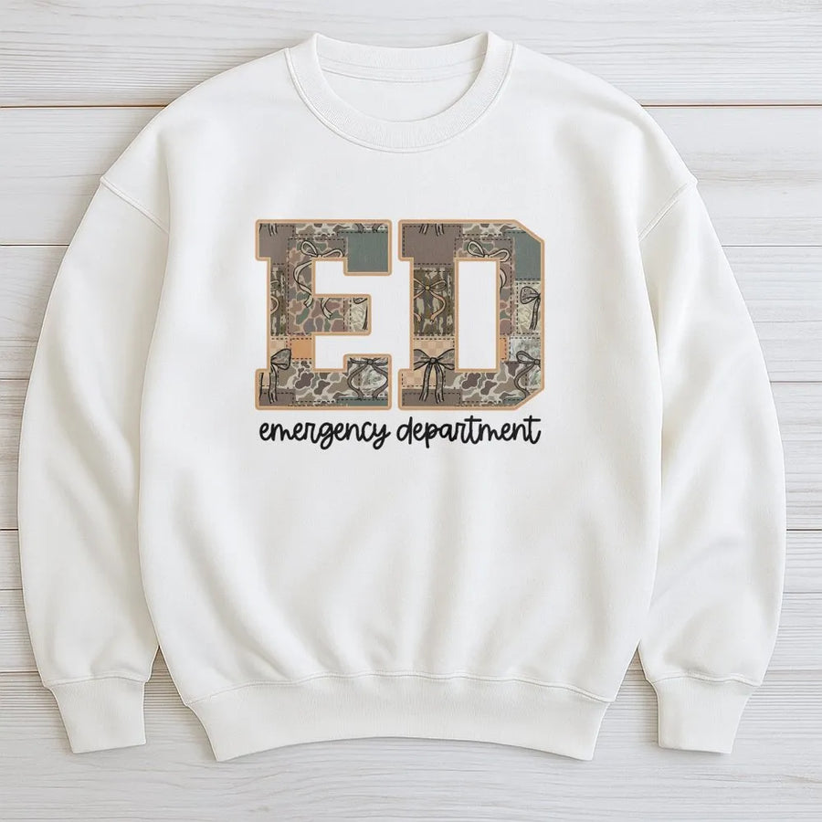 Emergency Department Sweatshirt | Cute Camo Bow ED Nurse Crewneck | Premium Cotton Blend | Gift for Nursing Student or ER Nurse