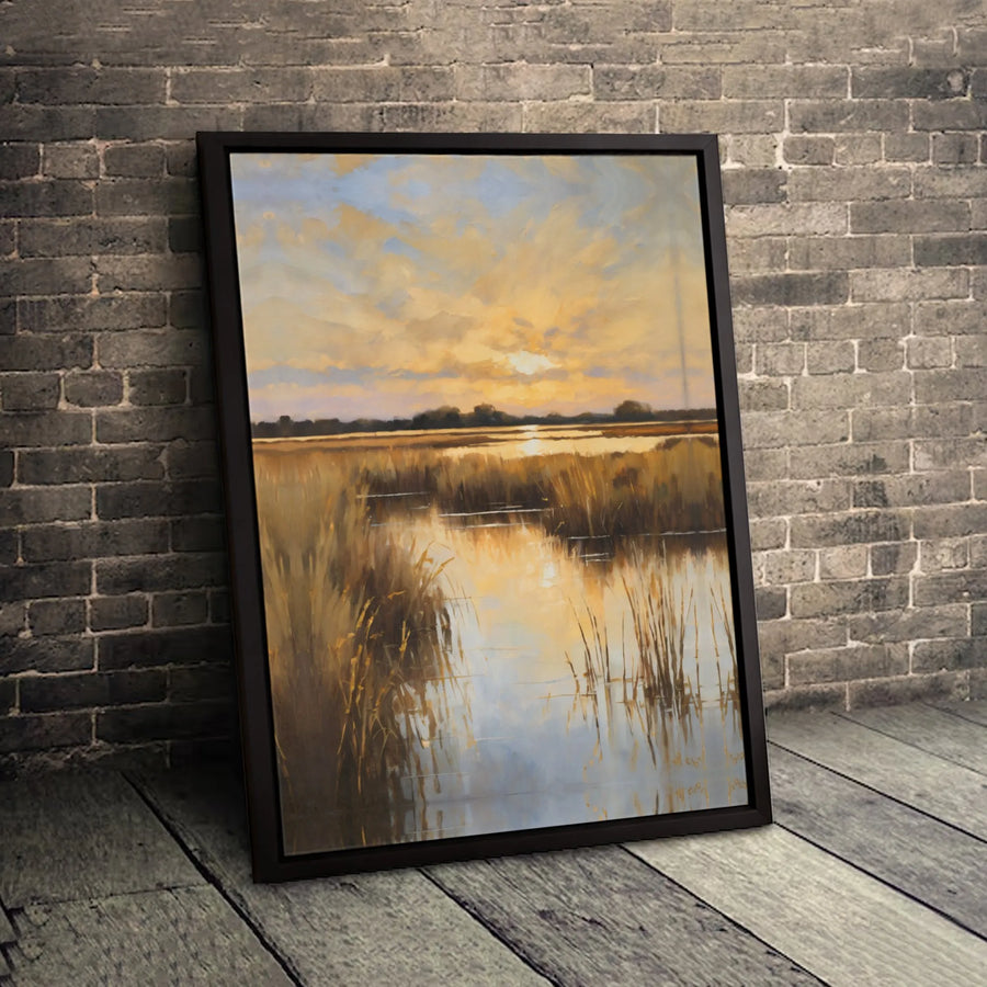 Golden Marsh Sunset Canvas Wall Art | Impressionist Wetland Landscape | Gallery-Wrapped Premium Print | Serene Nature Decor for Home or Office