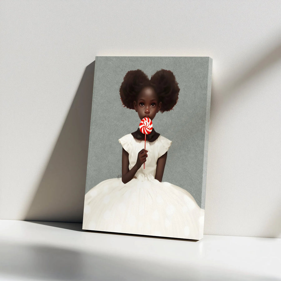 Black Girl Art Canvas Print | Lollipop Girl Portrait with Heart Hair | Premium Gallery Wrapped Canvas | Nursery & Kids Room Decor Gift
