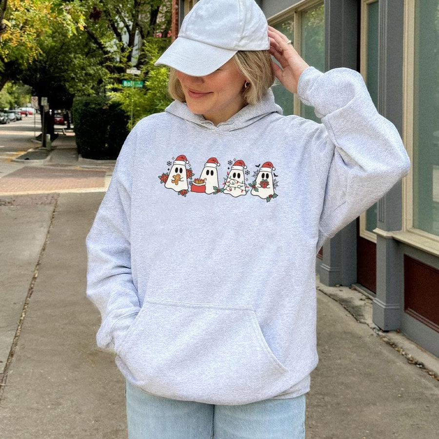 Christmas Ghost Hoodie | Festive Holiday Santa Ghost Graphic | Premium Cotton Blend Unisex Sweatshirt | Cute Xmas Winter Gift for Her