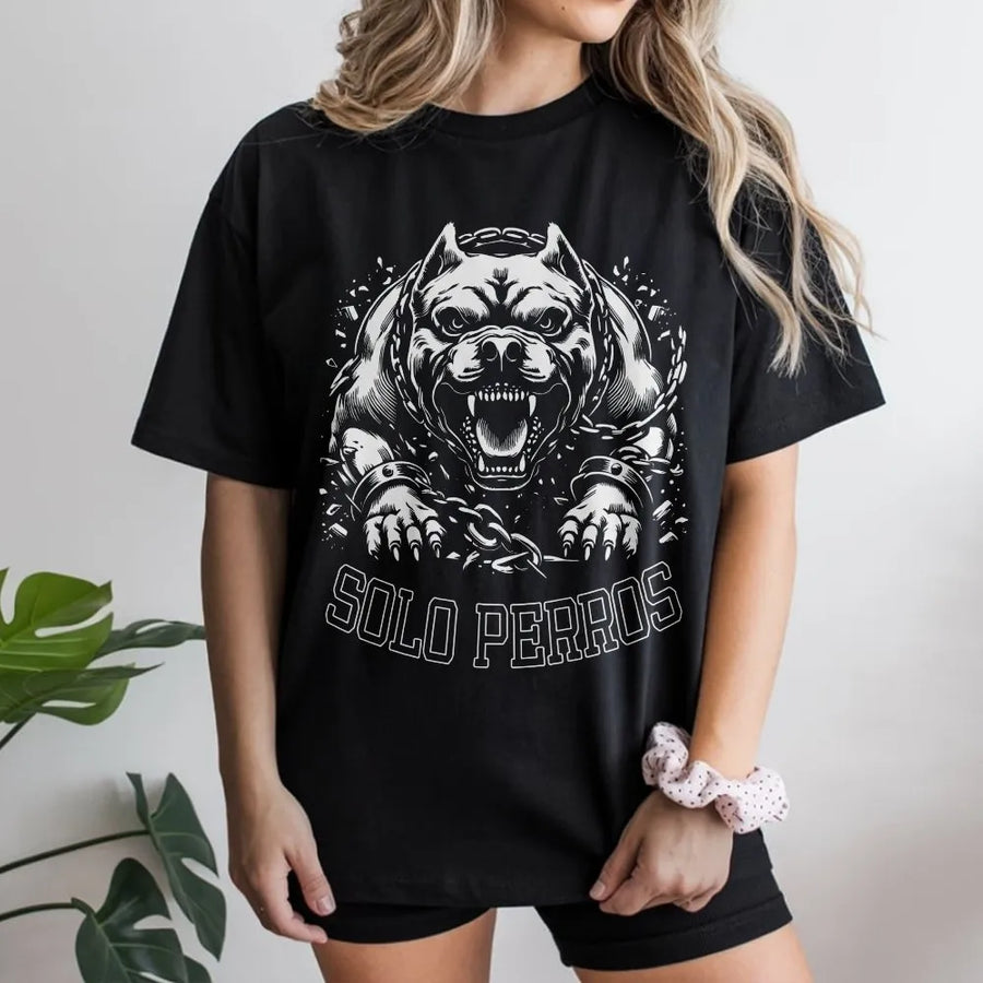 Solo Perros Pitbull T-Shirt | Aggressive Dog Streetwear Graphic | 100% Cotton Premium Tee | Edgy Chicano Style Urban Apparel Gift