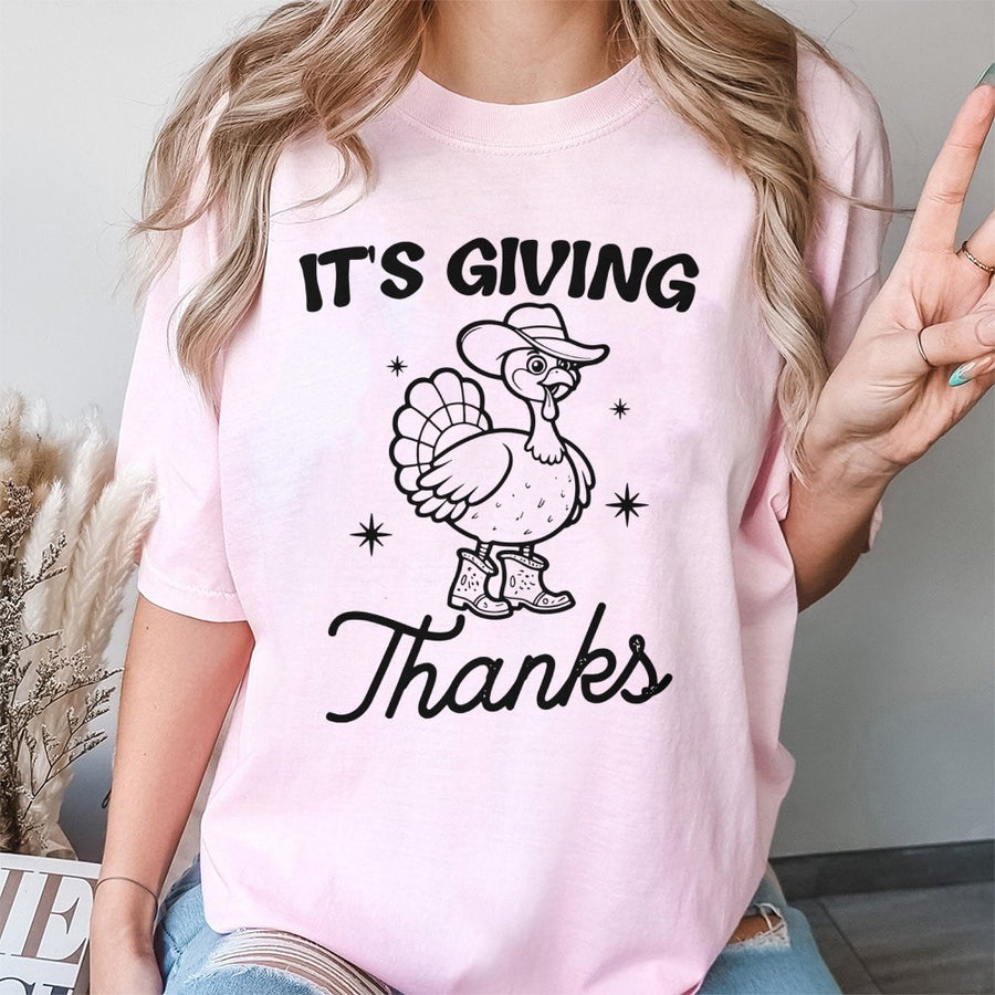 It's Giving Thanks T-Shirt | Cowboy Turkey Graphic Tee | 100% Cotton Premium Quality | Funny Thanksgiving Gift for Family