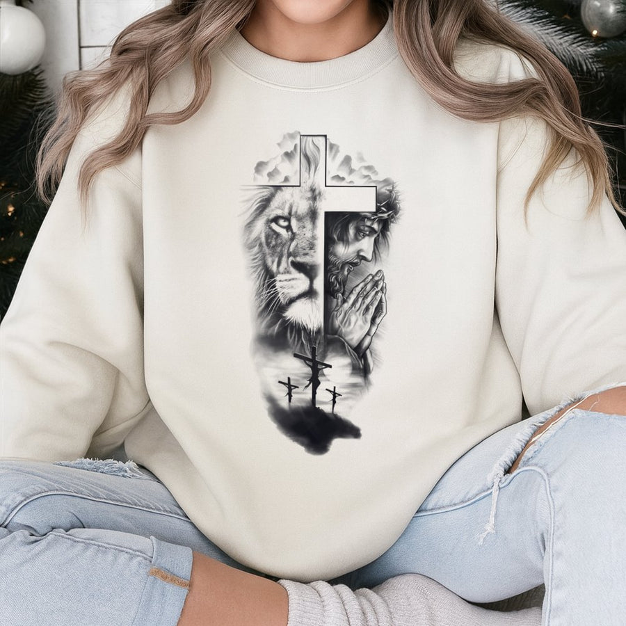 Lion and Jesus Cross Sweatshirt | Religious Faith Graphic Print | Premium Cotton Blend | Christian Gift for Men and Women