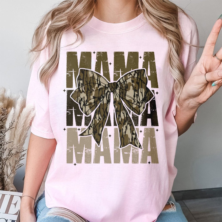 Mama Camo Bow T-Shirt | Distressed Coquette Aesthetic Graphic | 100% Cotton Premium Comfort | Trendy Mom Gift for Mother's Day 2026 Birthday