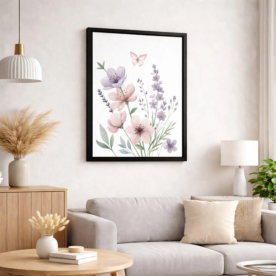 Watercolor Wildflower Canvas Print | Pink and Purple Floral Butterfly Wall Art | Premium Gallery Wrapped | Nature Inspired Home Decor Gift