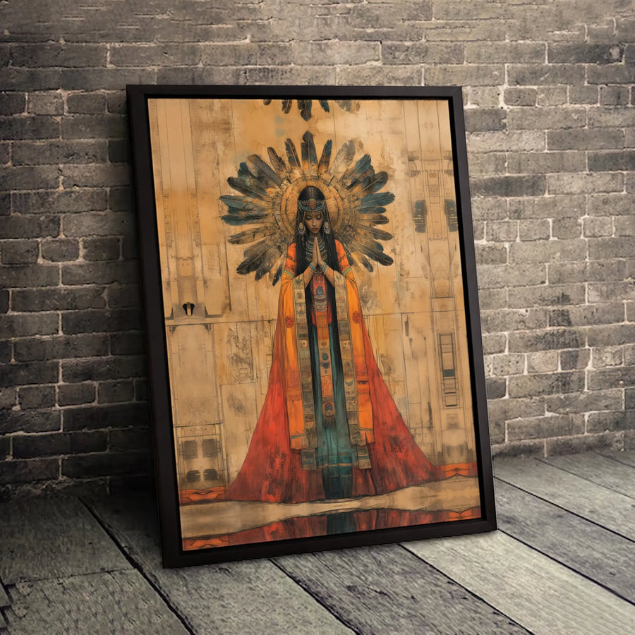 Native American Woman Wall Art | Spiritual Prayer Feather Headdress Print | Premium 1.25-inch Canvas | Artistic Home Decor Gift