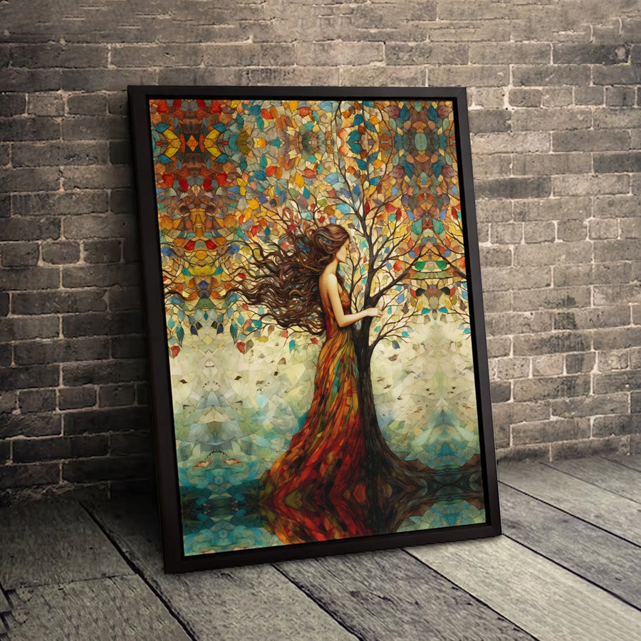 Woman Tree Of Life Canvas Art | Colorful Stained Glass Forest Wall Decor | Premium Fade-Resistant Gallery Wrap | Elegant Gift For Her Living Room