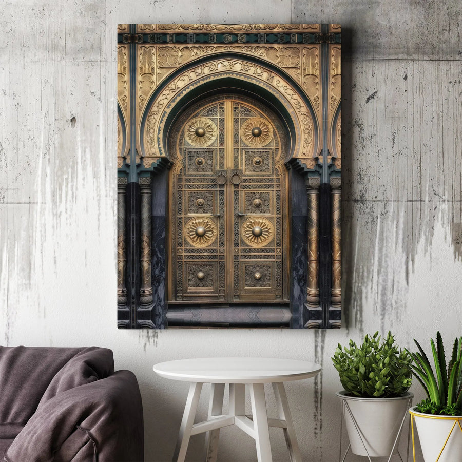 Ornate Moroccan Door Canvas Wall Art | Golden Archway Architecture Print | 1.25 Inch Premium Gallery Wrap | Luxury Home Decor Gift