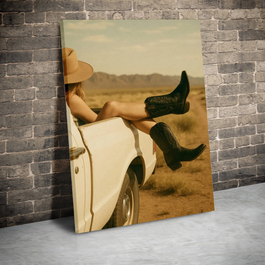 Western Cowgirl Canvas Wall Art | Vintage Desert Truck Aesthetic | Premium Fade-Resistant Print | Country Boho Home Decor Gift