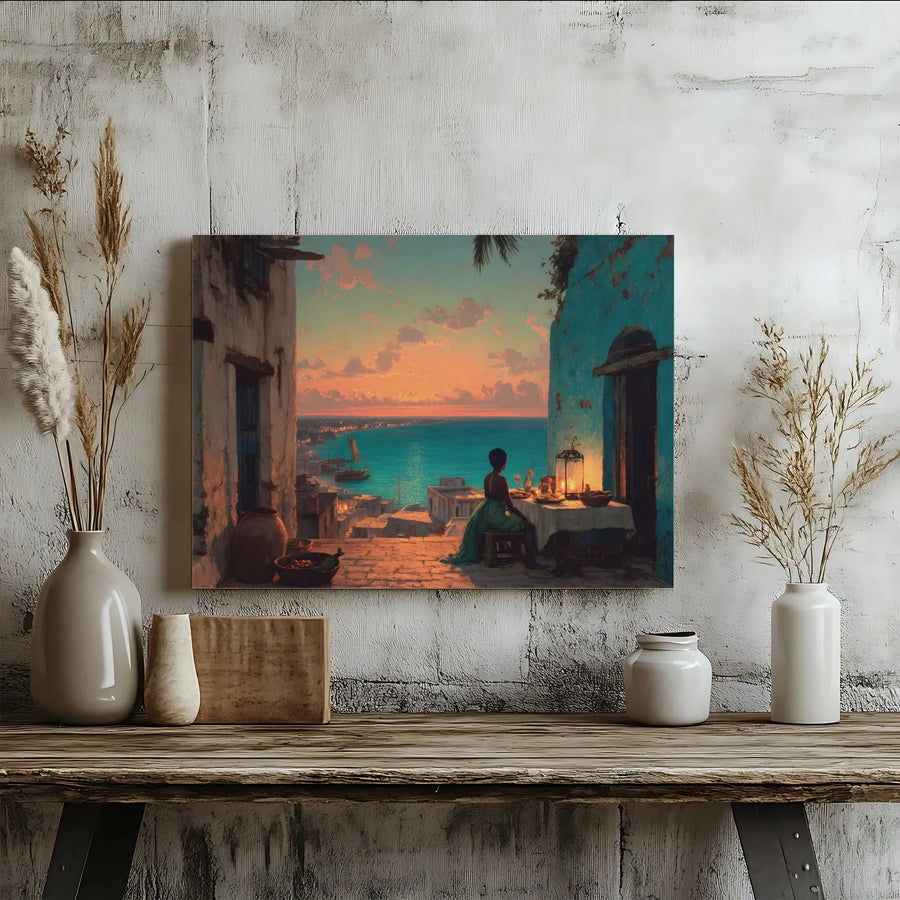 Mediterranean Sunset Horizontal Canvas | Scenic Coastal Art | Romantic Dinner Scene Painting, Teal & Terracotta | Premium Fade-Resistant Print | Living Room Decor Gift