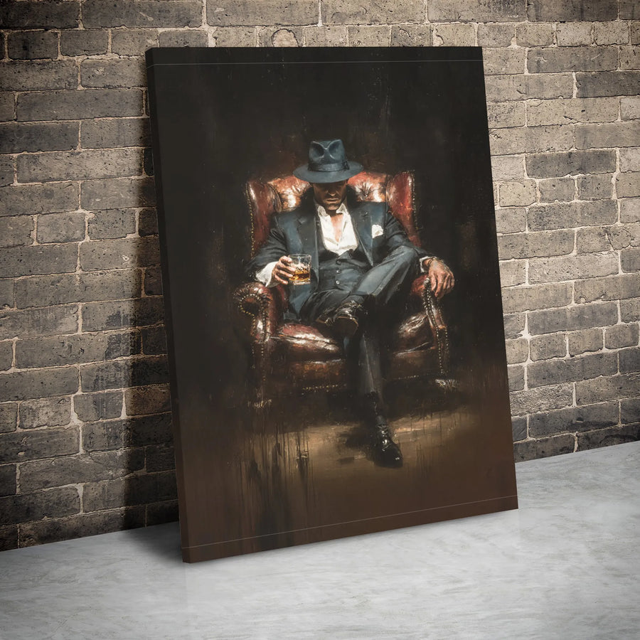 Man in Fedora Whiskey Painting Canvas | Sophisticated Gentleman Wall Art | 1.25-Inch Gallery Wrap | Premium Decor for Home Office