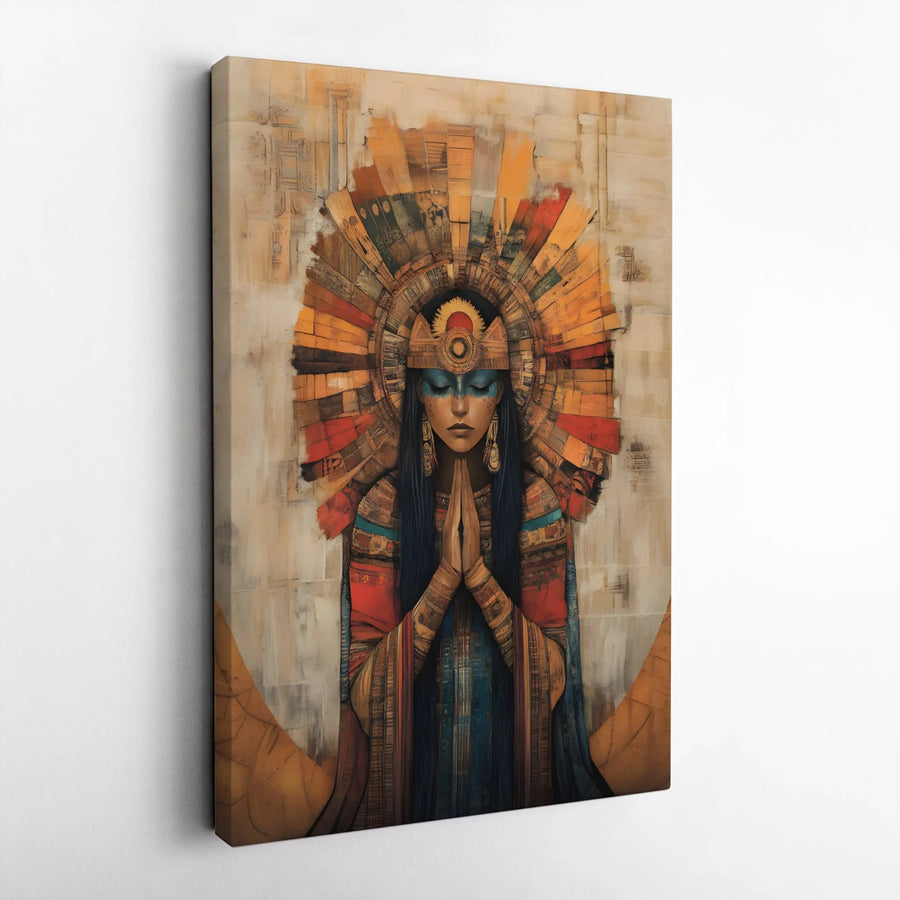 Aztec Goddess Wall Art | Spiritual Praying Woman With Ornate Headdress | Premium Gallery Wrapped Canvas | Southwestern Home Decor Gift
