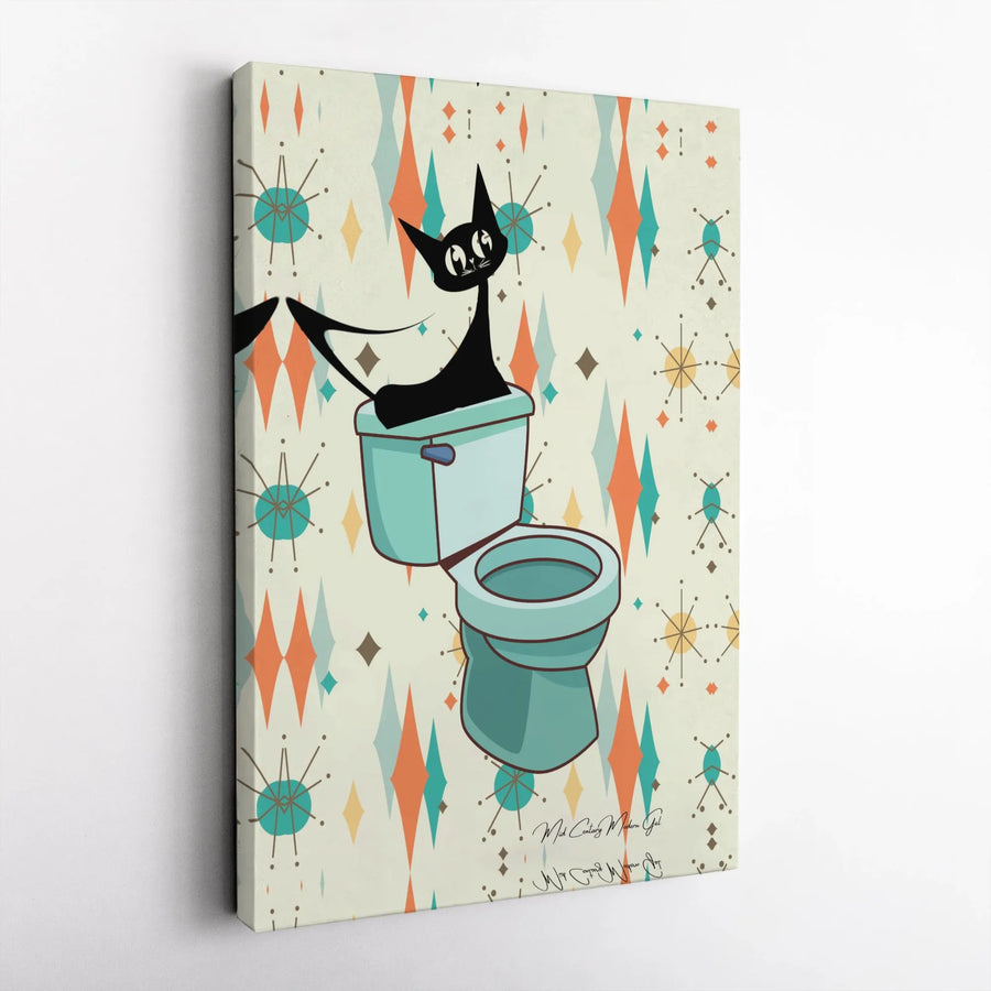 Mid Century Modern Cat Canvas Wall Art | Funny Black Cat in Toilet | Premium Gallery Wrapped Print | Unique Bathroom Decor Gift for Cat Lover