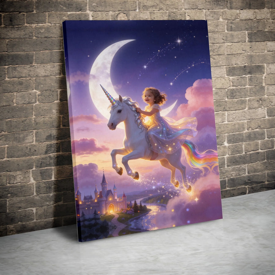 Magical Unicorn Canvas Print | Girl Riding Unicorn over Fairytale Castle | Premium Gallery Quality Canvas | Gift for Girl's Nursery or Bedroom Decor