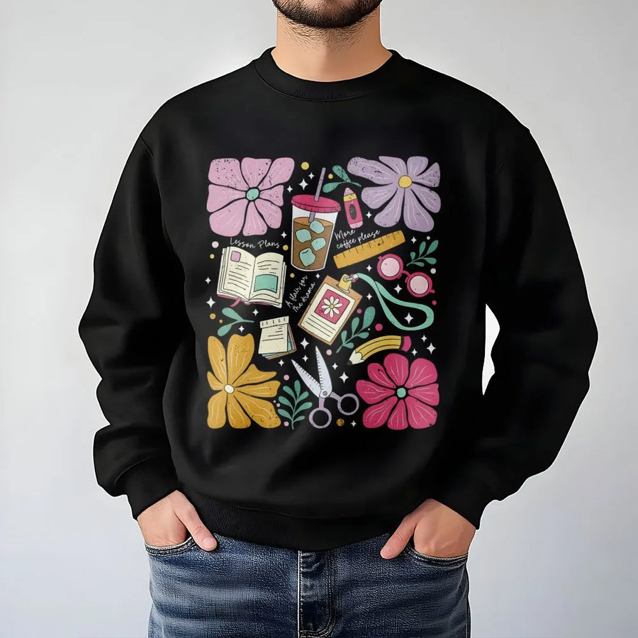 Teacher Sweatshirt | Retro Floral School Supplies Print | Soft Cotton Blend | Gift for Teachers and Educators