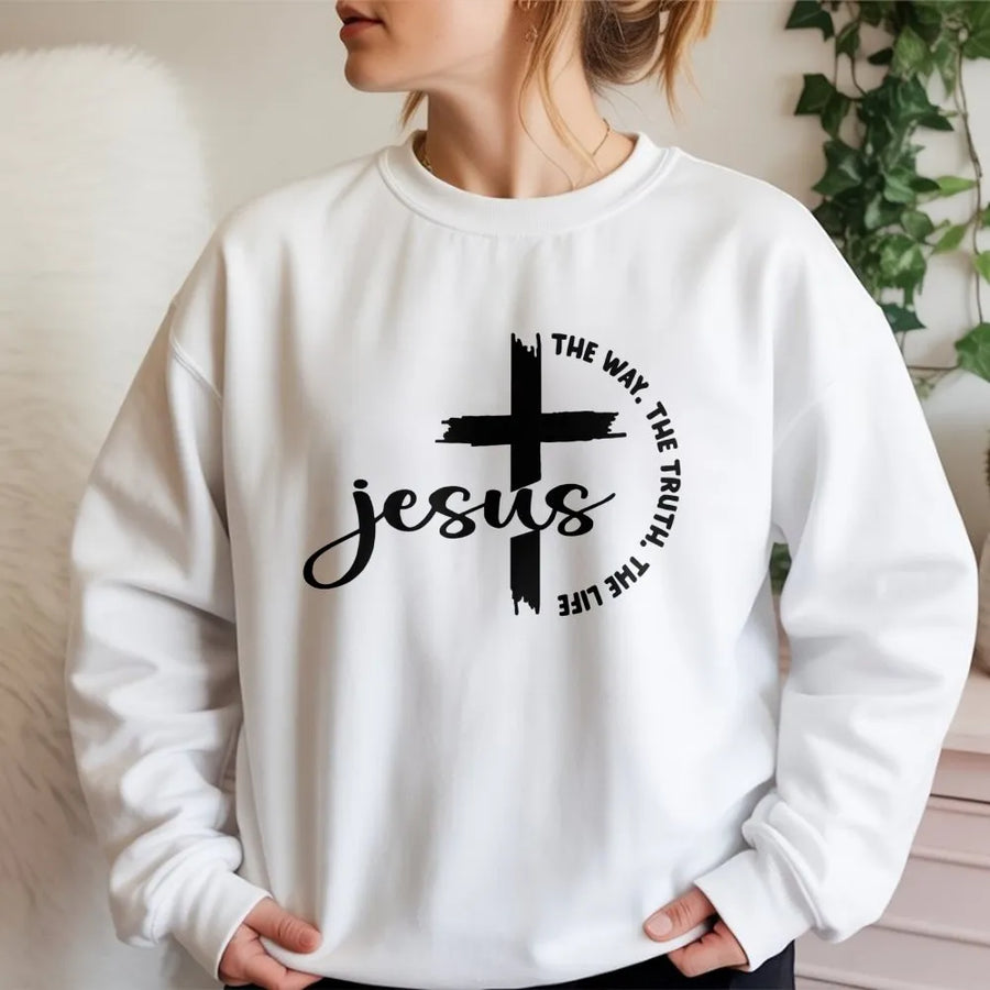 Jesus The Way The Truth The Life Sweatshirt | Cross Religious Graphic | Premium Cotton Blend | Christian Gift For Men And Women