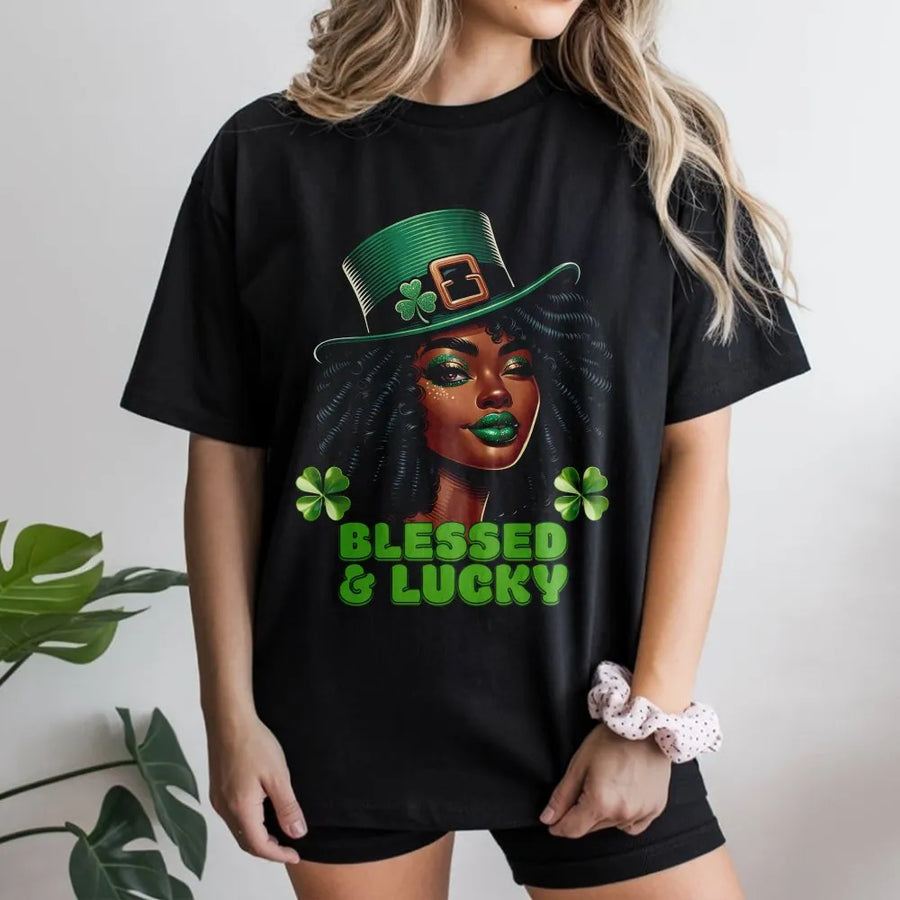 Blessed And Lucky St Patrick's Day T-Shirt | Afro Girl Leprechaun Graphic | 100% Cotton Premium Tee | Black Girl Magic Gift For Women