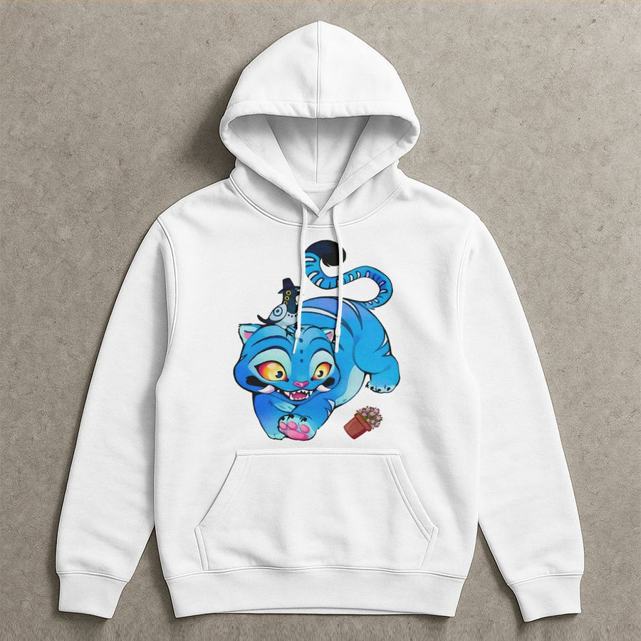 Derpy Blue Tiger Hoodie | Cute Cartoon Cat Graphic Art | Premium Cotton Blend Streetwear | Whimsical Animal Lover Gift for Teens and Adults
