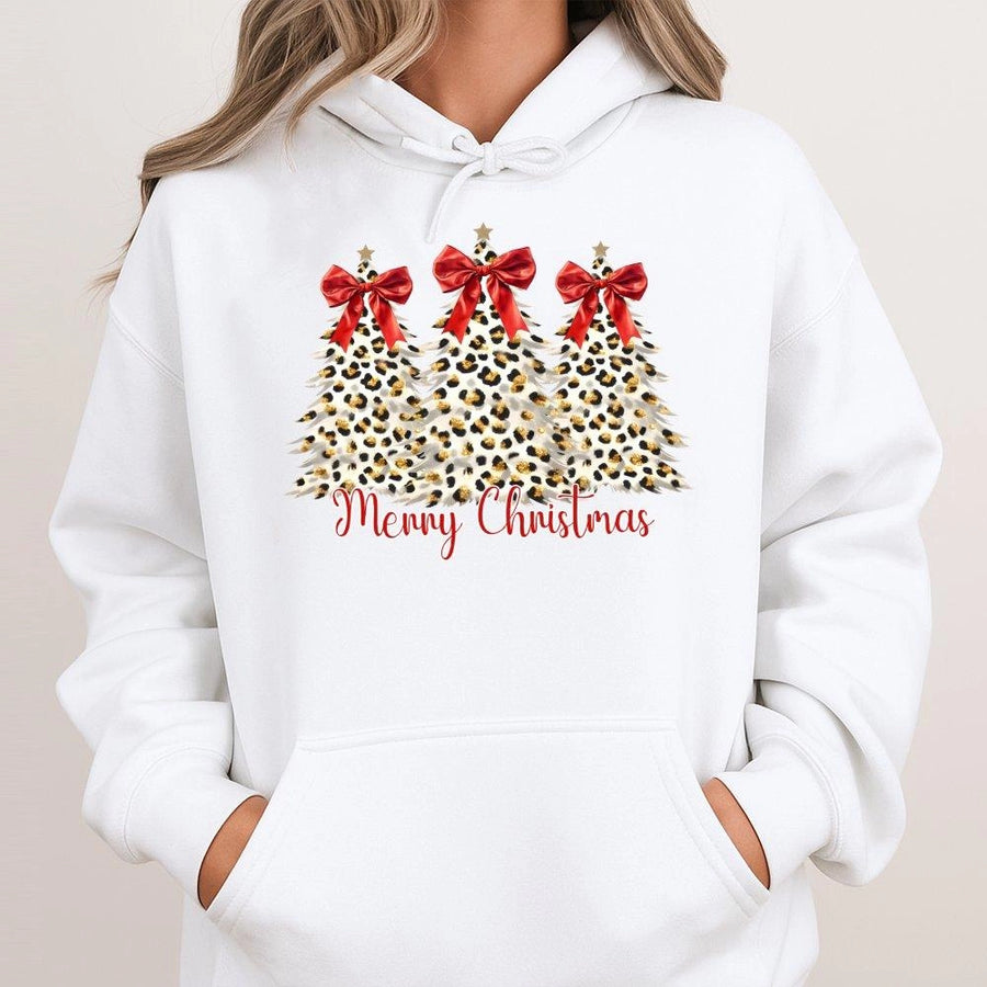 Leopard Print Christmas Tree Hoodie | Merry Christmas Bow Graphic | Soft Cotton-Polyester Blend | Trendy Holiday Gift for Women and Men