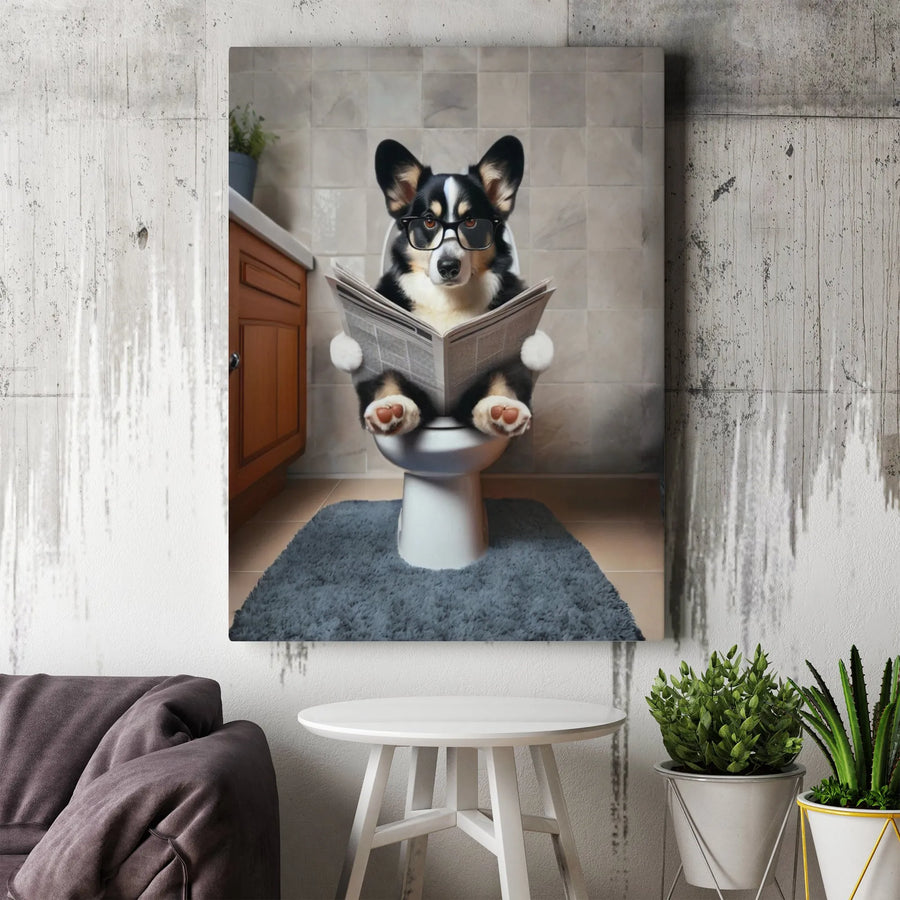 Corgi Toilet Humor Wall Art | Funny Dog Reading Newspaper Portrait | Premium Gallery Wrapped Canvas | Quirky Bathroom Decor Gift