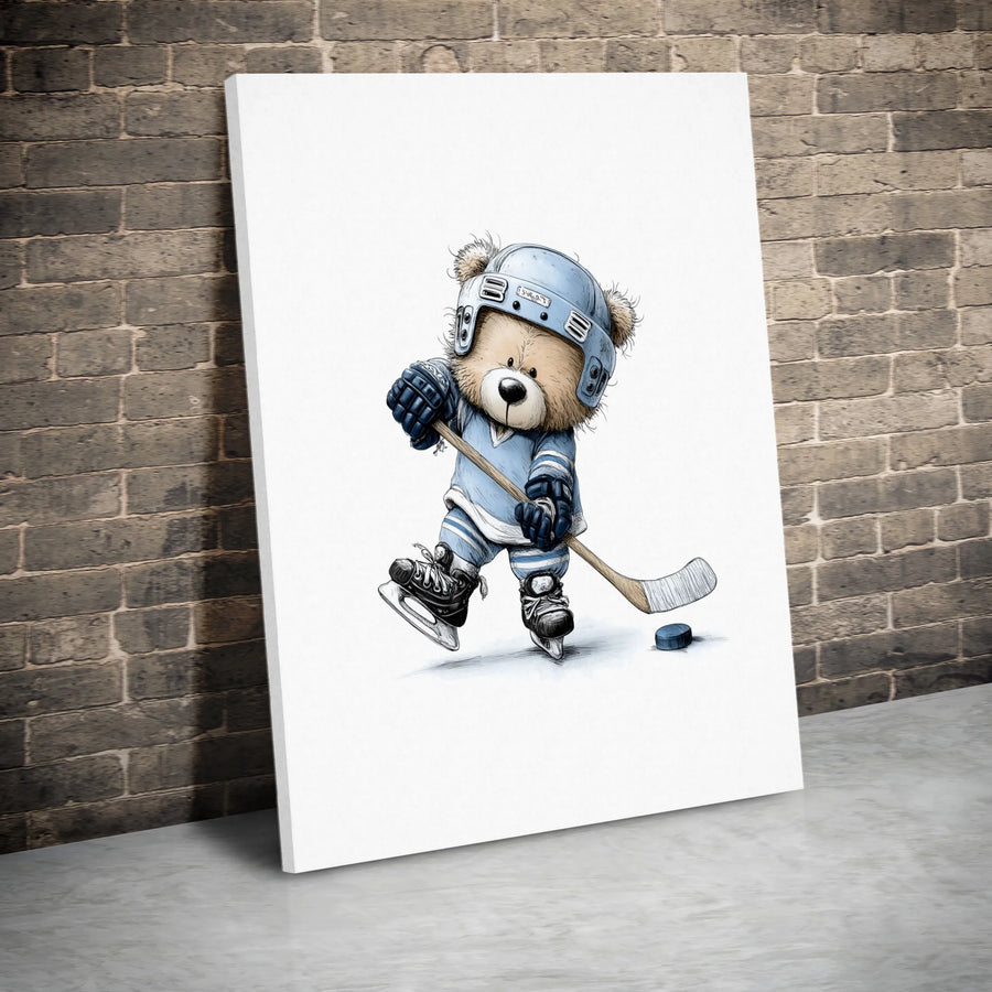 Hockey Teddy Bear Wall Art | Cute Animal Sports Illustration | Premium Gallery Wrapped Canvas | Nursery Decor or Sports Fan Gift