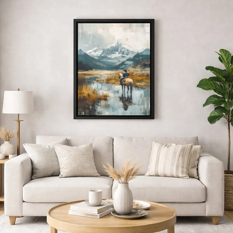 Western Cowboy Canvas Art | Lone Rider Mountains Landscape | Premium Gallery Wrapped Print | Rustic Home Decor Gift for Office