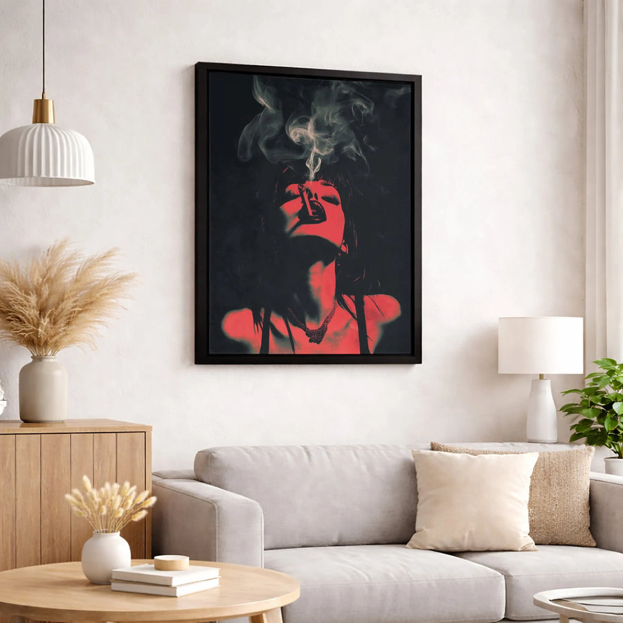 Woman Smoking Canvas Wall Art | Red and Black Noir Aesthetic | 1.25 Inch Premium Gallery Wrap | Edgy Home Decor Gift