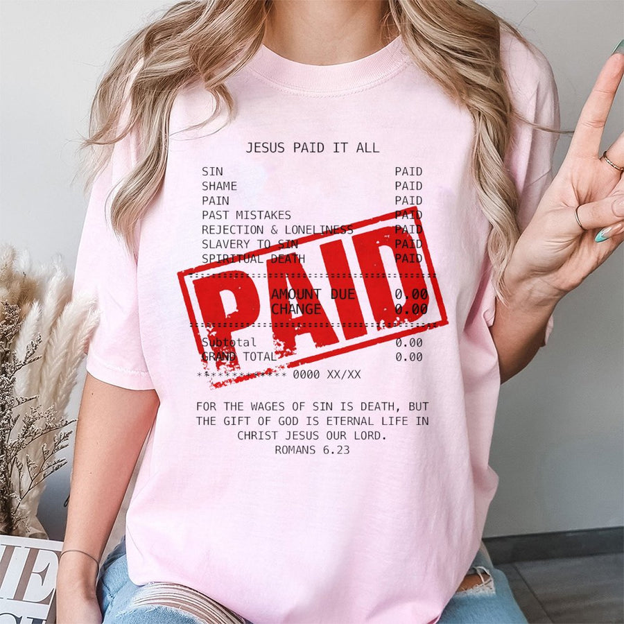 Jesus Paid It All Christian T-Shirt | Romans 6:23 Receipt Graphic | Premium Cotton Unisex Tee | Faith-Based Gift For Believers