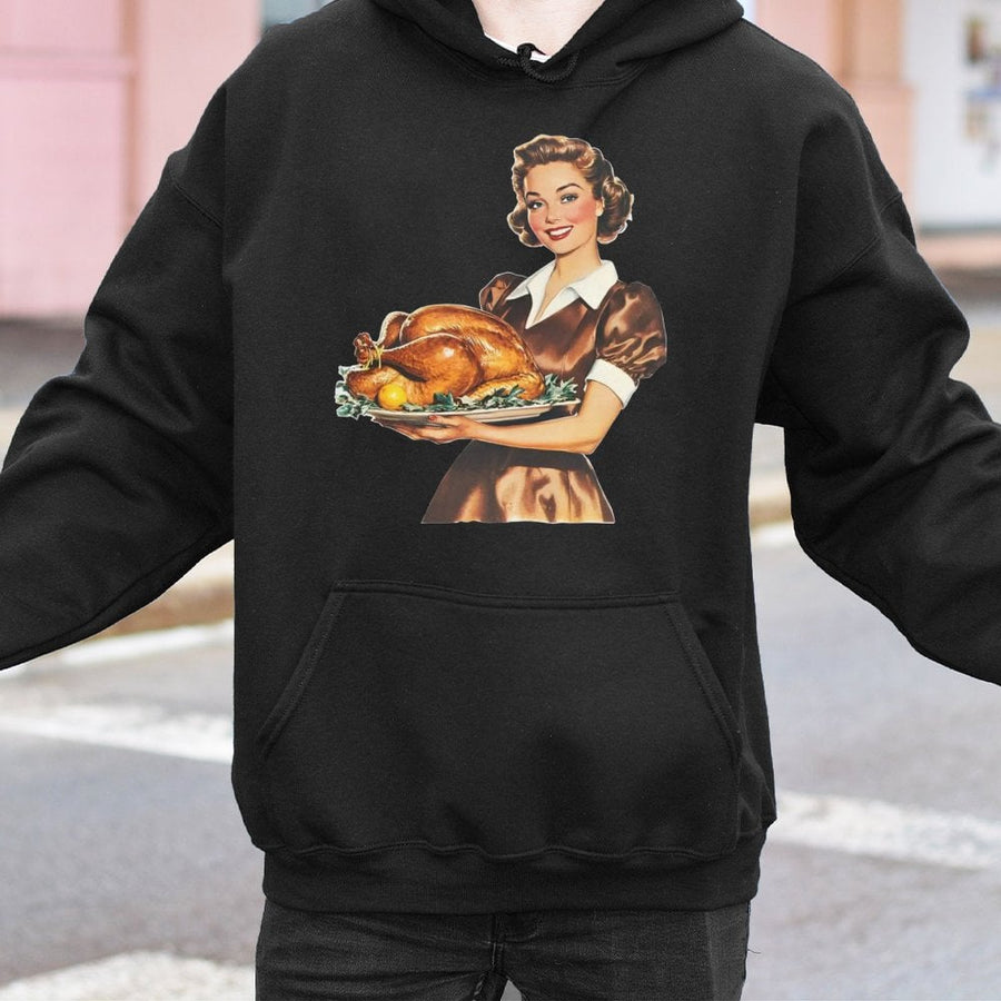 Vintage Thanksgiving Hoodie | 1950s Retro Turkey Dinner Graphic | Soft Cotton-Polyester Blend | Festive Fall Apparel Gift for Women & Men