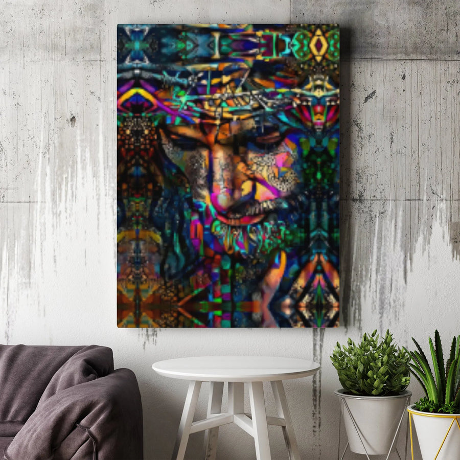 Jesus Canvas Wall Art | Psychedelic Crown Of Thorns Portrait | Premium Gallery Wrap Print | Modern Christian Home Decor Gift