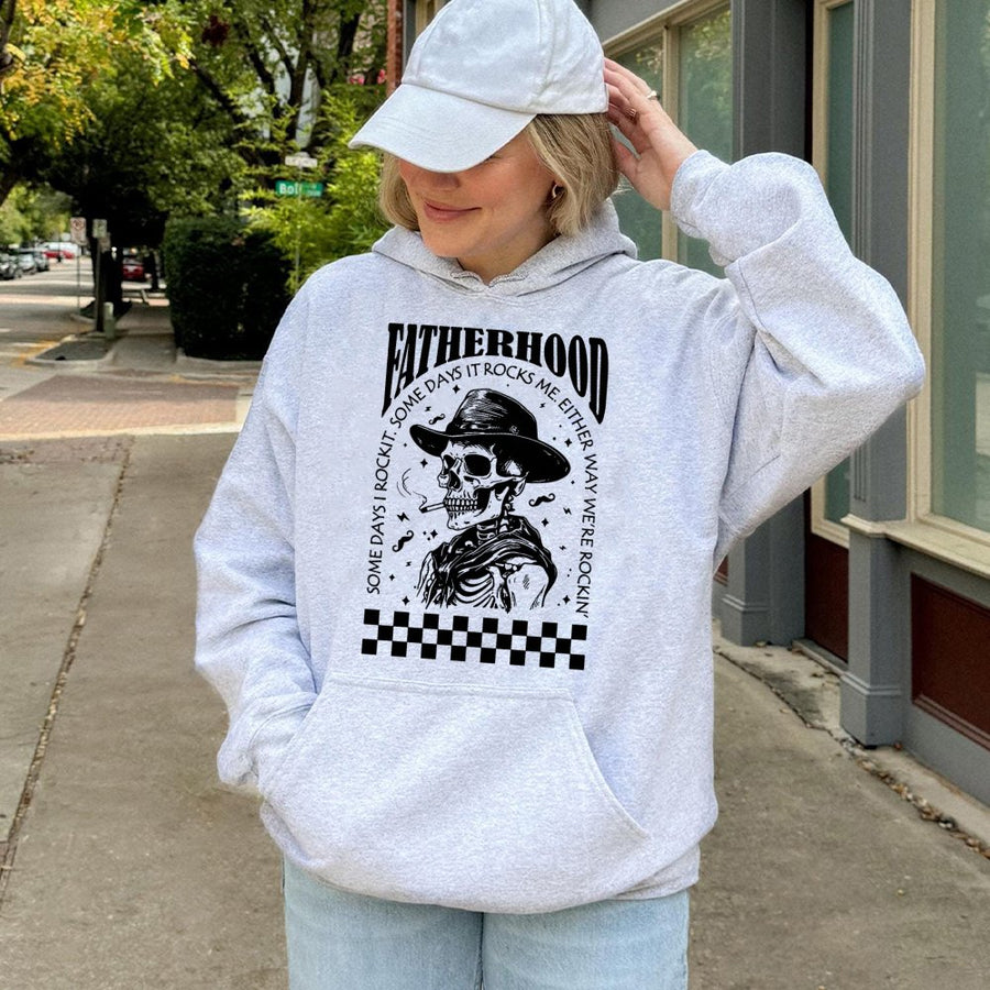 Fatherhood Hoodie | Cowboy Skeleton Rockin' Dad Graphic | Premium Cotton Blend | Funny Birthday Gift For New Dad, Retro Western Dad Life Apparel