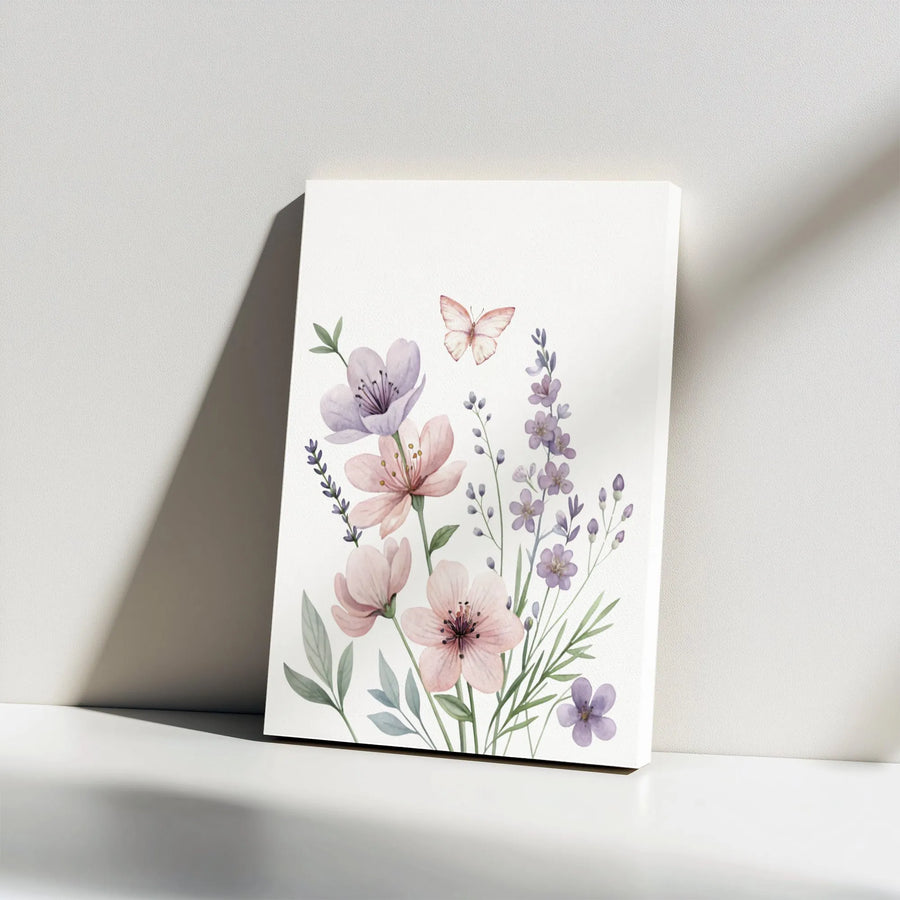 Watercolor Wildflower Canvas Print | Pink and Purple Floral Butterfly Wall Art | Premium Gallery Wrapped Decor | Botanical Living Room Gift