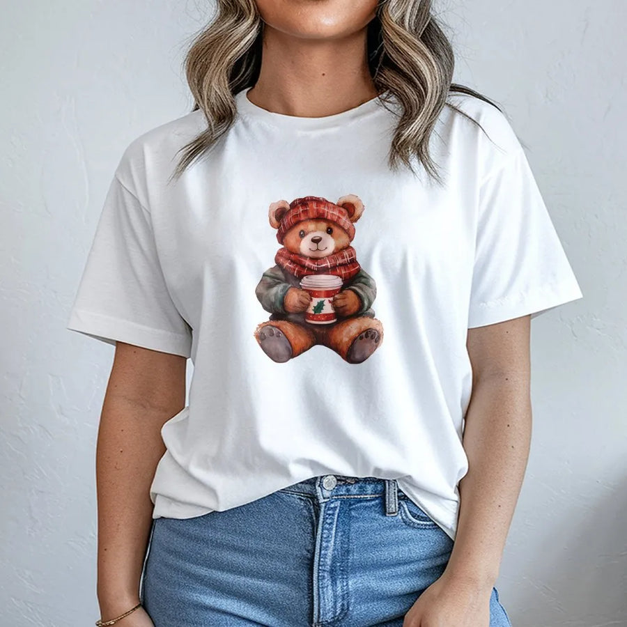 Christmas Bear T-Shirt | Cute Holiday Coffee Drinking Teddy | Premium Soft Cotton Graphic Tee | Cozy Festive Gift for Her & Him