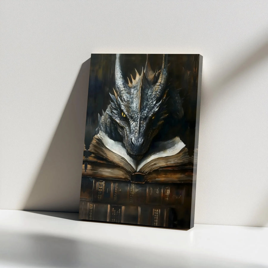 Dragon Reading Book Wall Art | Fantasy Library Oil Painting Style Canvas | Premium Gallery Wrapped Decor | Unique Gift For Fantasy Readers