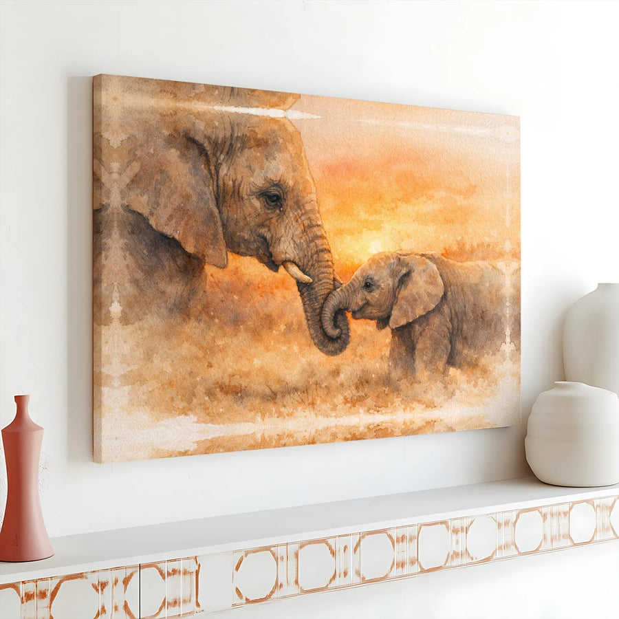 Elephant Mother and Baby Canvas Wall Art | Watercolor Safari Sunset Painting | Premium Gallery Wrapped Print | Nursery Decor Gift for Mom