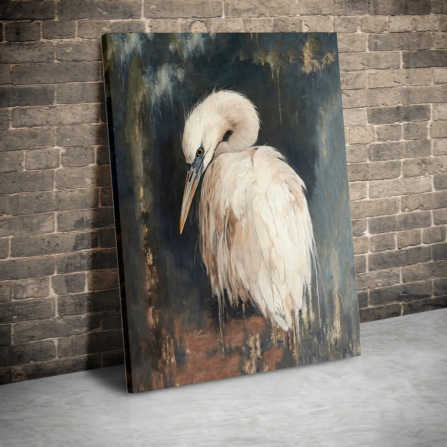 White Egret Canvas Wall Art | Moody Abstract Bird Painting | Premium Gallery Wrapped Print | Sophisticated Coastal Home Decor Gift
